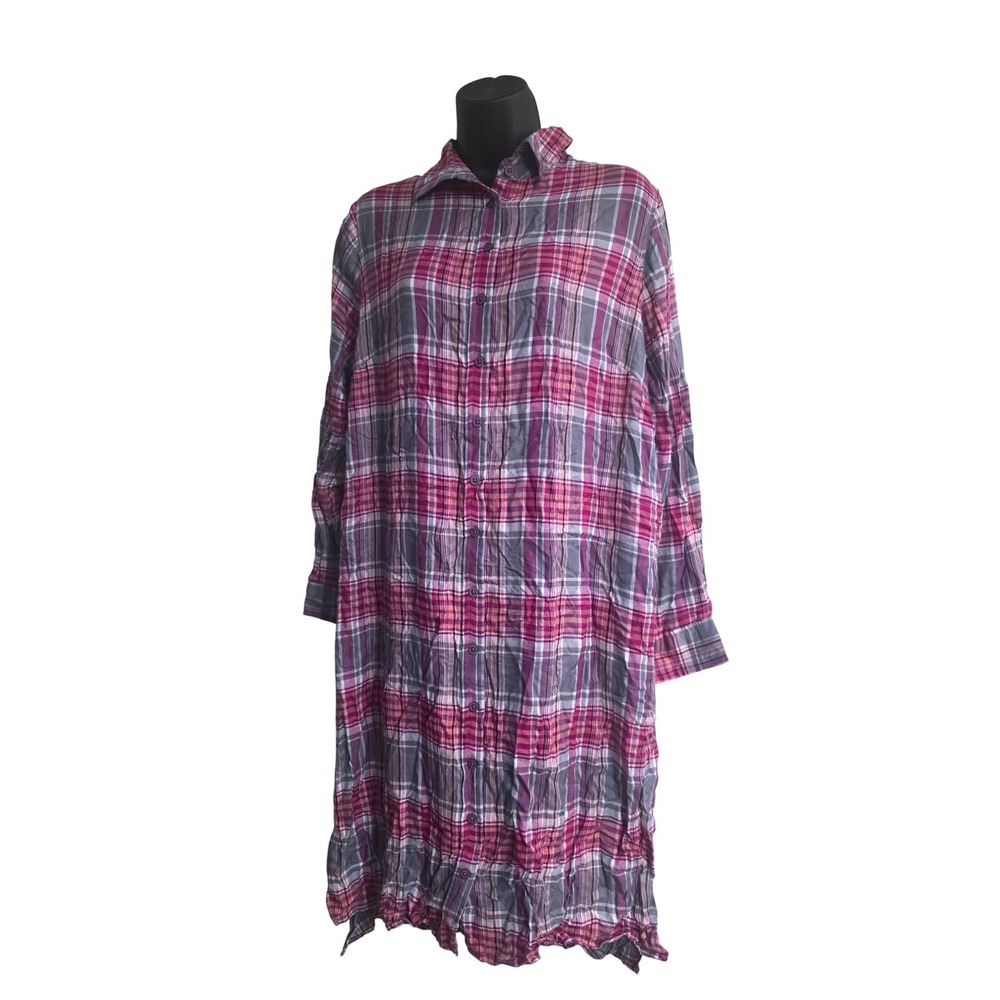 Roamans Womens 12W Plaid Long Sleeve Button Down‎ Shirt Dress Pink Purple Grey
